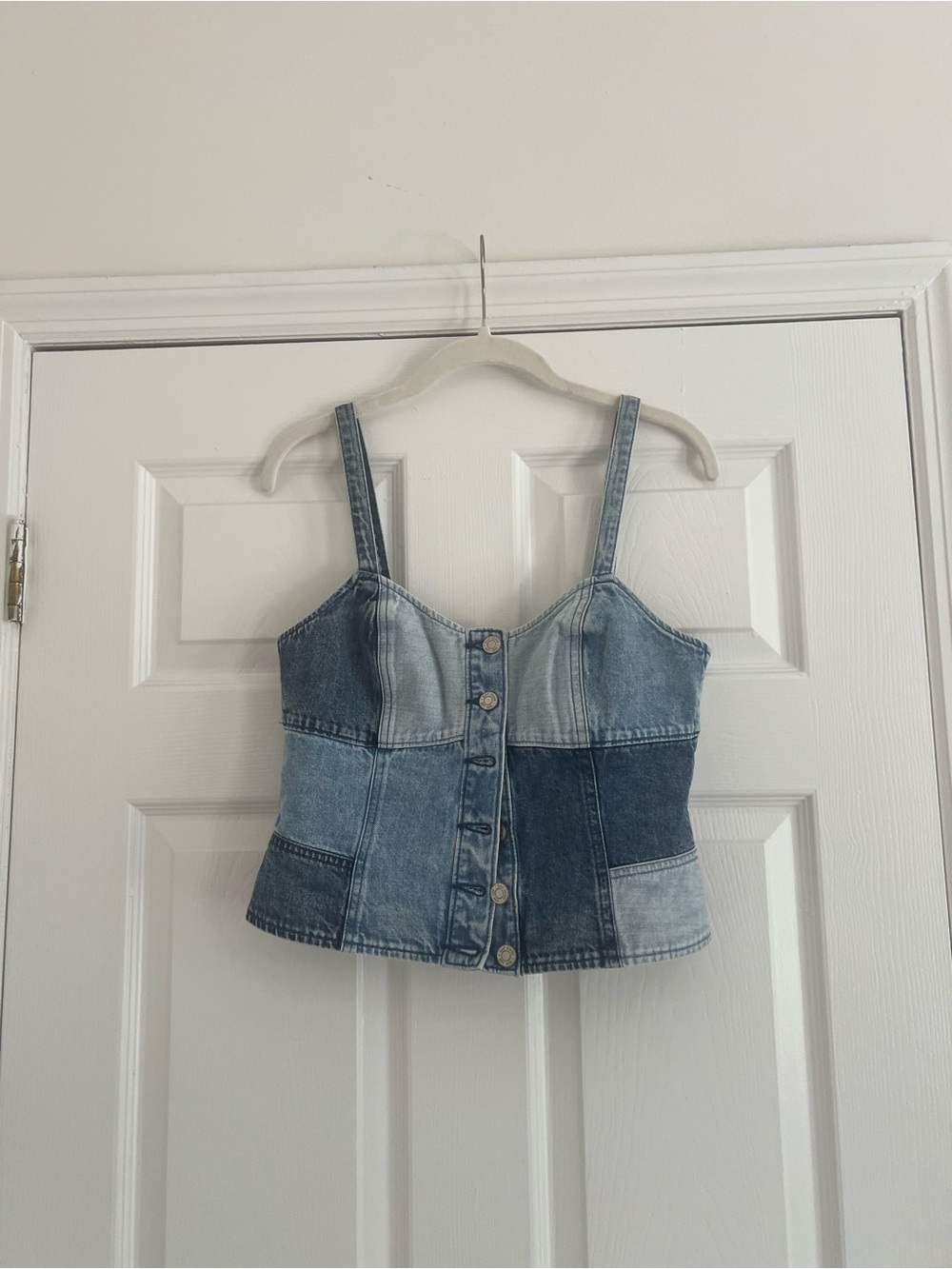 Denim Patchwork Button-Front Cami Vest Top - Blue